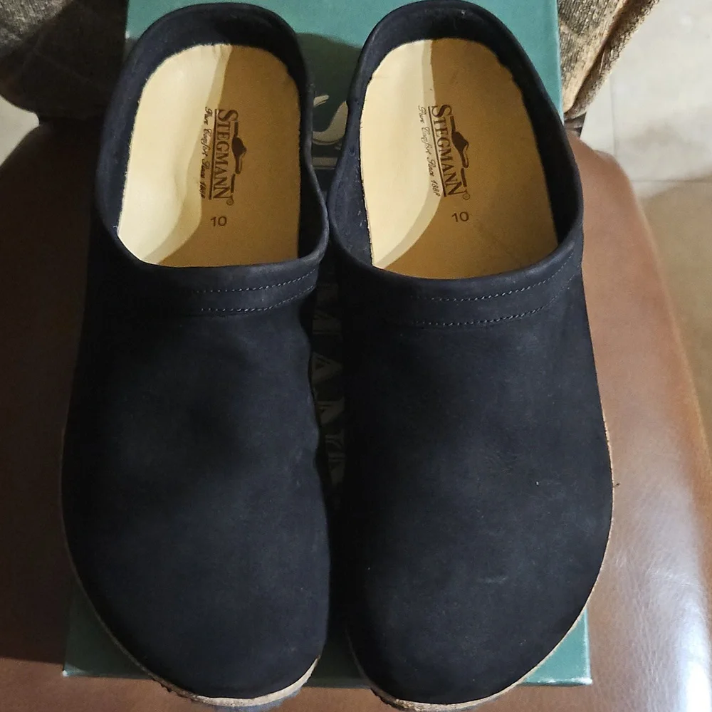 Stegmann Black Leather Slip On Mules Clogs Shoes New - Picture 2 of 6